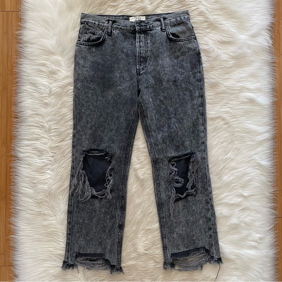 Free People Gray Acid Wash Maggie Distressed Straight Leg Jeans Bottlerocket - Picture 2 of 14